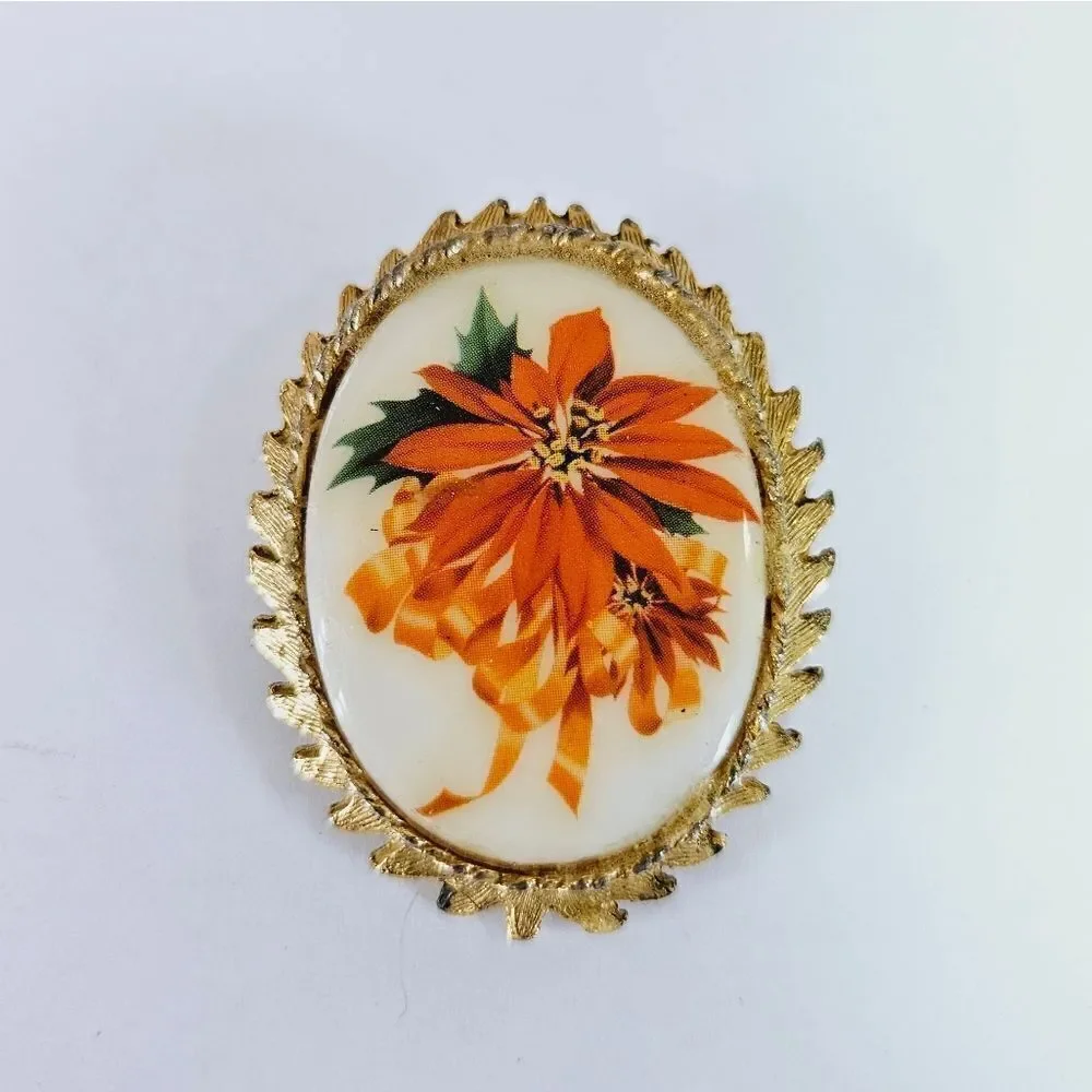 Vintage '50s Signed Dodds Painted Porcelain Gold Tone Poinsettia Pin Brooch 2